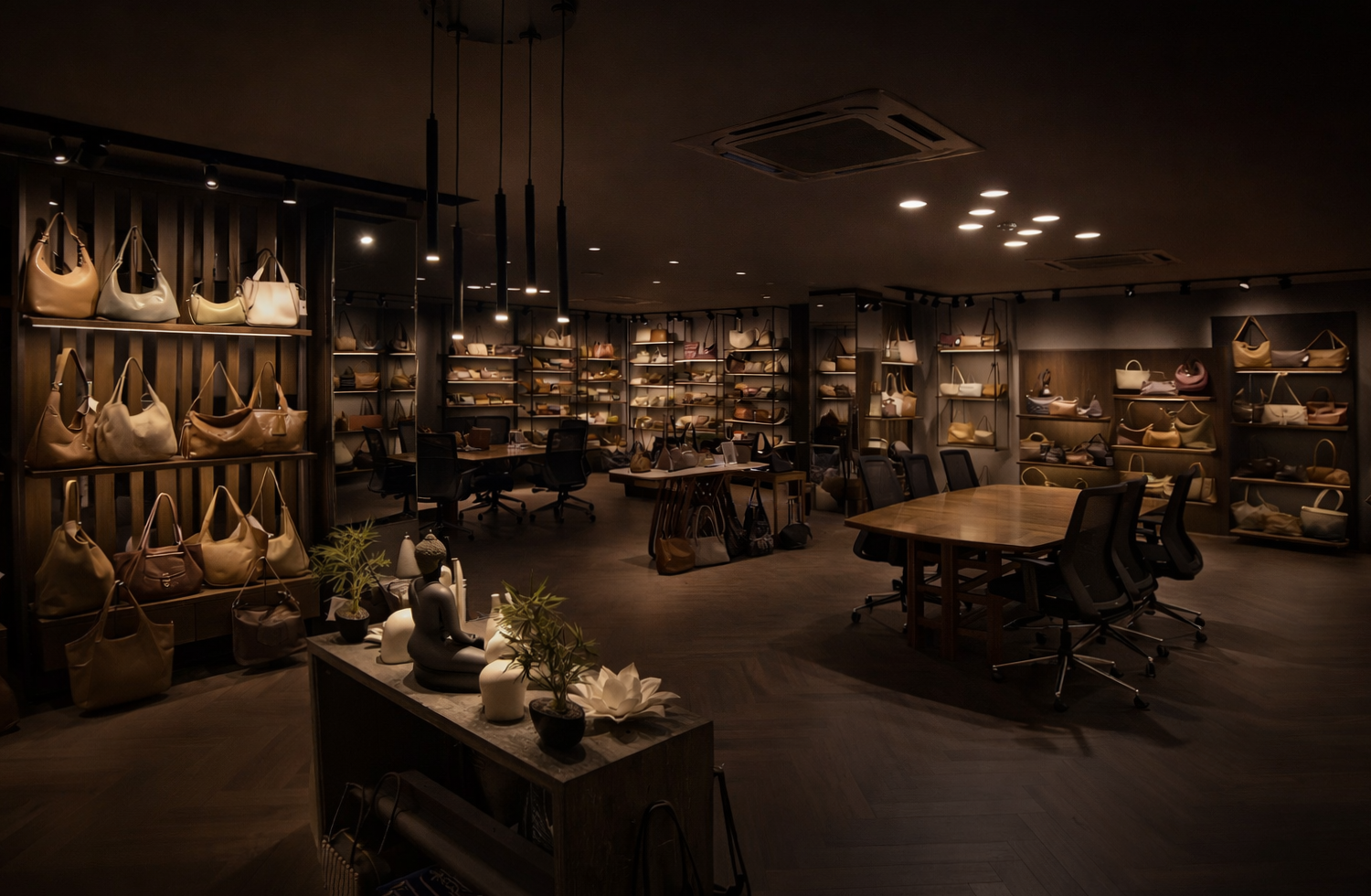 Chic handbag showroom with elegant lighting